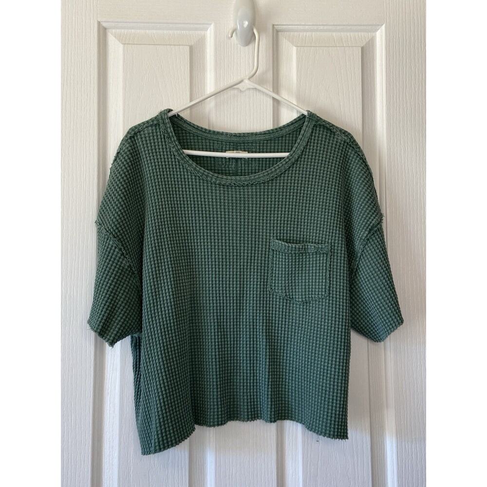 Pilcro Urban Outfitters Green Waffle Raw Hem Oversized Pocket Tee Shirt Small